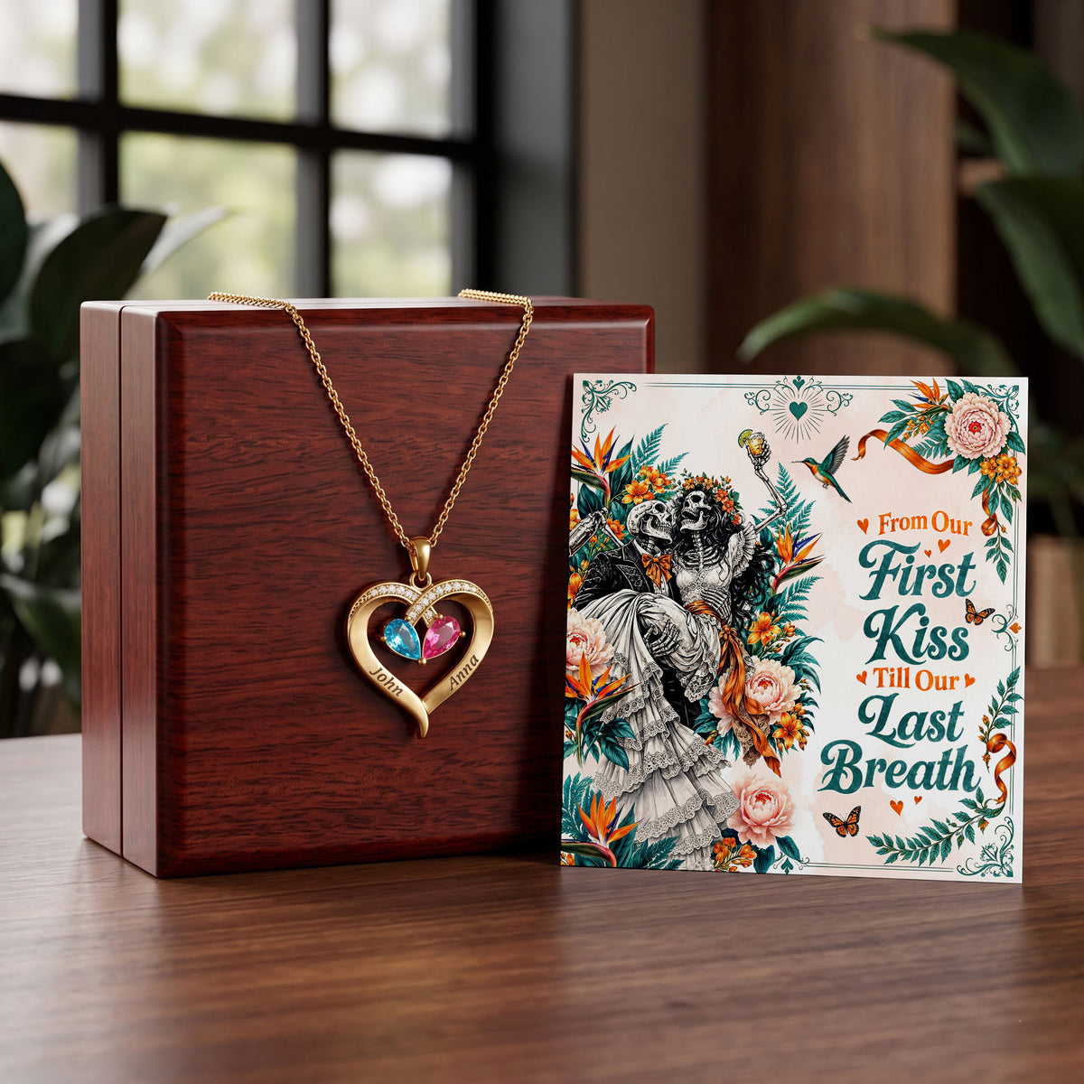 From Our First Kiss Skeleton Birthstone Heart Necklace