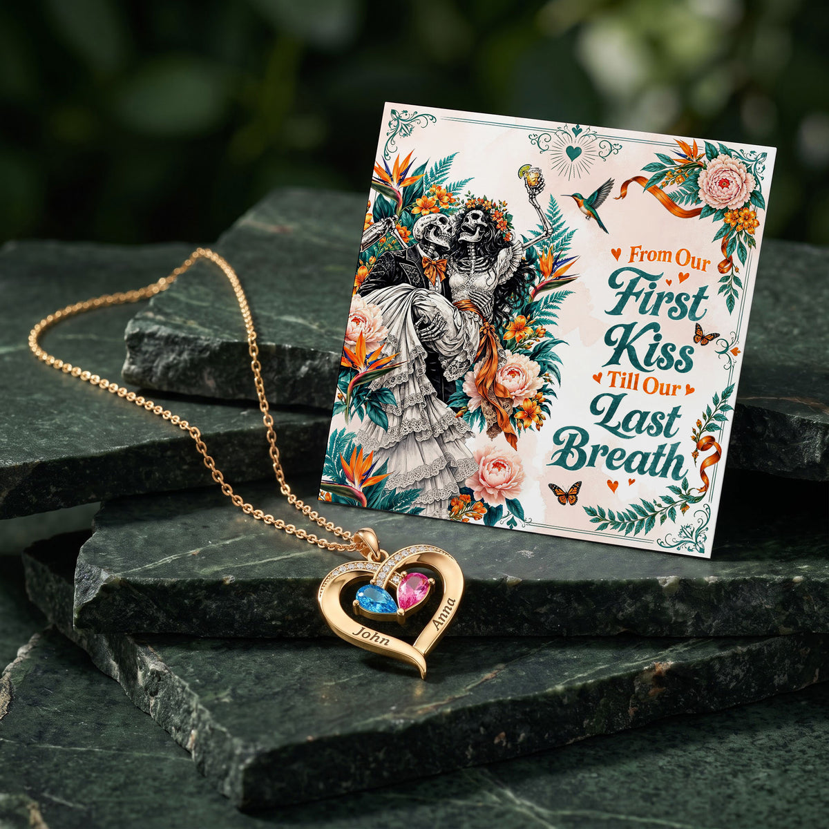 From Our First Kiss Skeleton Birthstone Heart Necklace