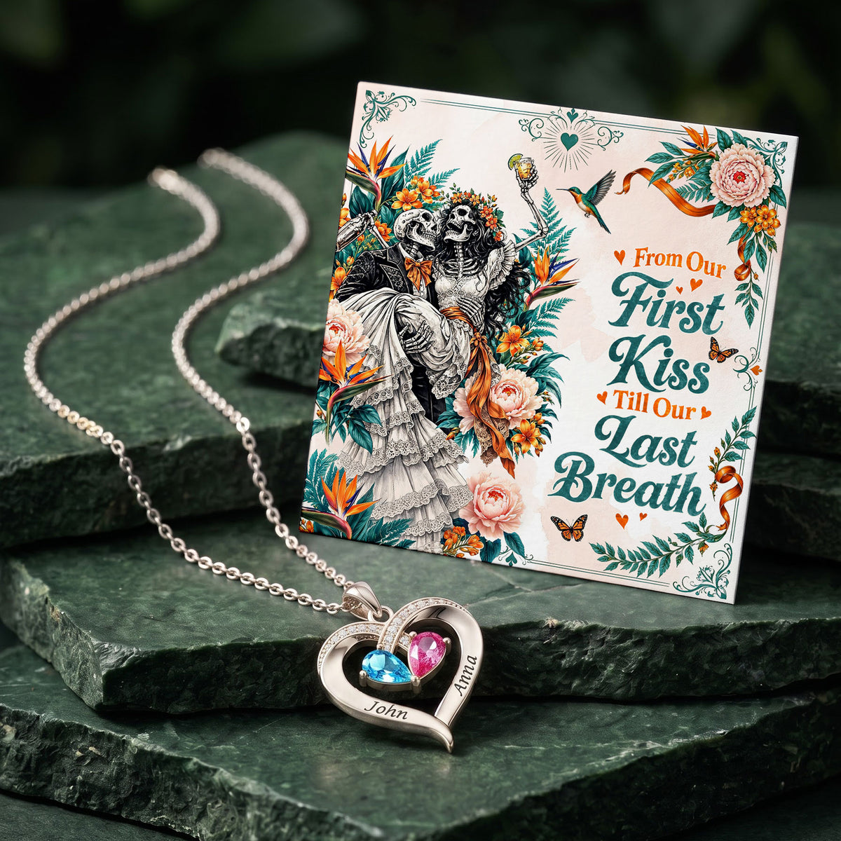 From Our First Kiss Skeleton Birthstone Heart Necklace