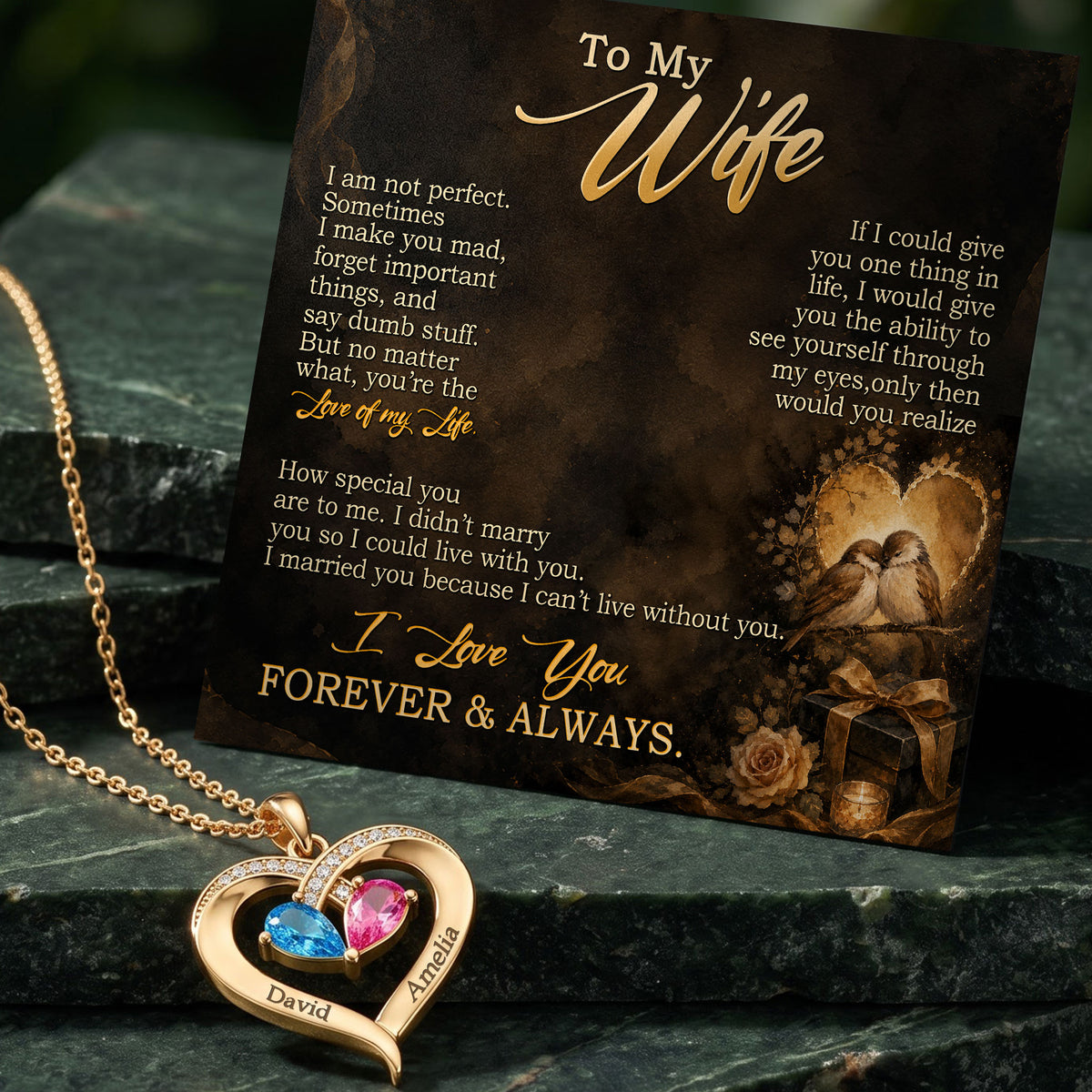 To My Wife - Birthstone Heart Necklace